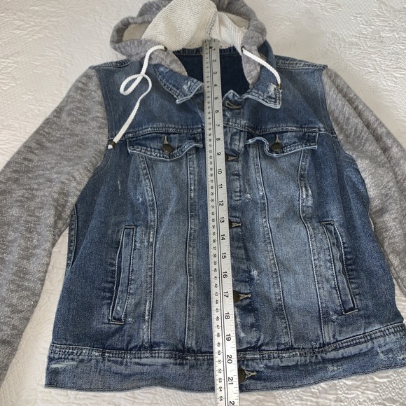 Free People Jacket Women's Size Medium Blue Denim Hoodie Long Sleeve Distressed - Picture 6 of 14